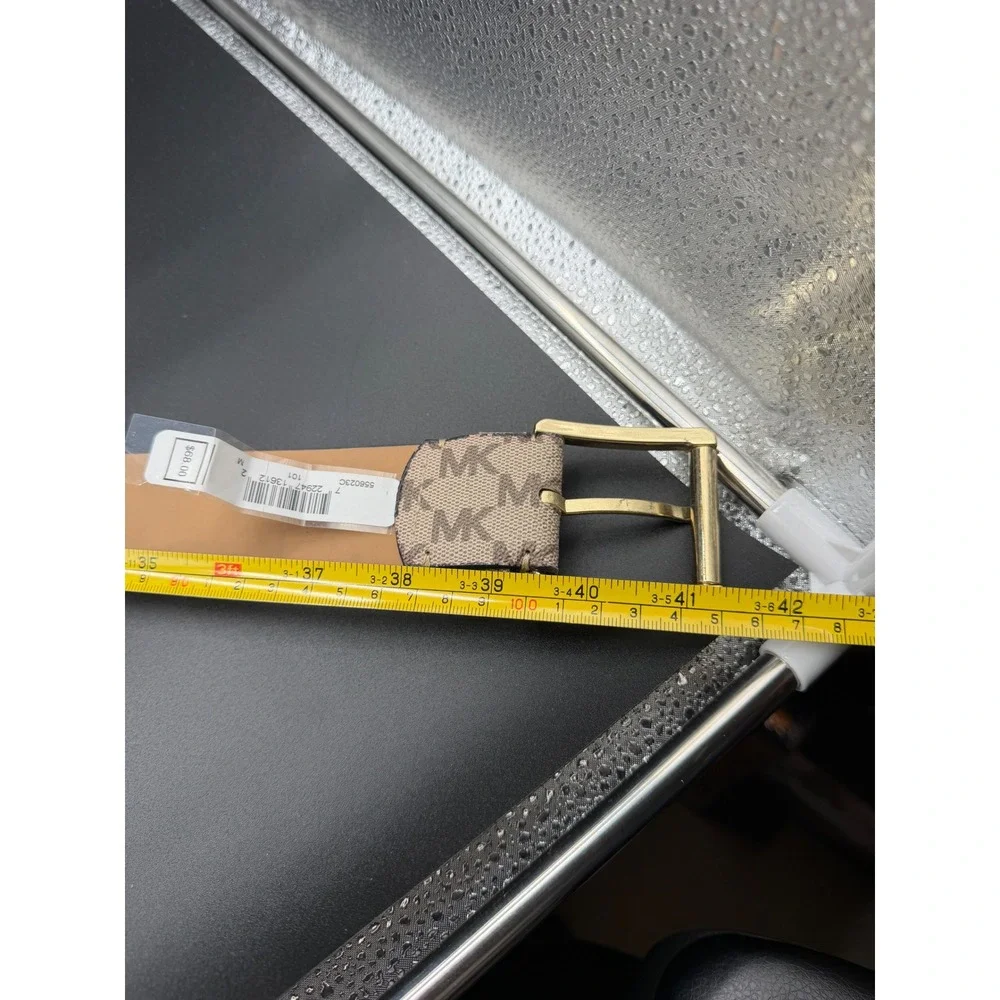 Michael Kors Mens Monogram Logo Belt Beige Brown Gold‎ Buckle 556023 Size M
